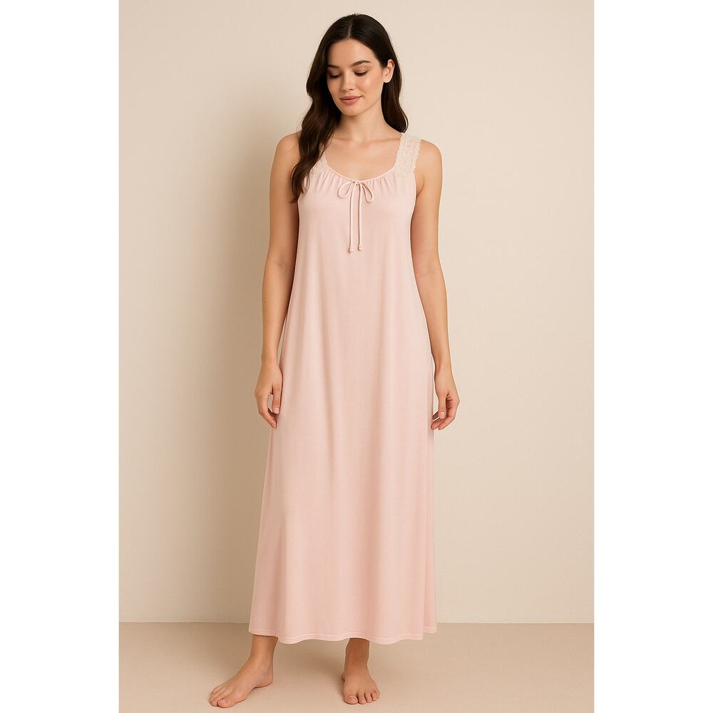 Vintage 60s Vanity Fair Pastel Pink Satin Lace Trim Long Slip Dress Size Small